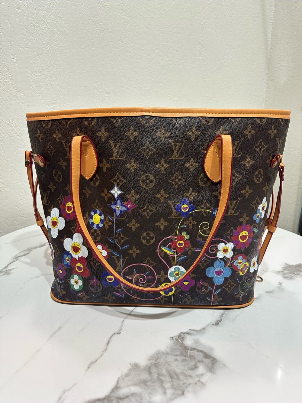 Louis Vuitton Brown Monogram Floral Tote with Orange Trim